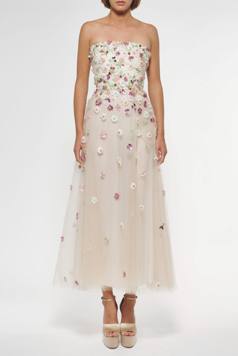 Tulle Embroidered Strapless Midi Dress