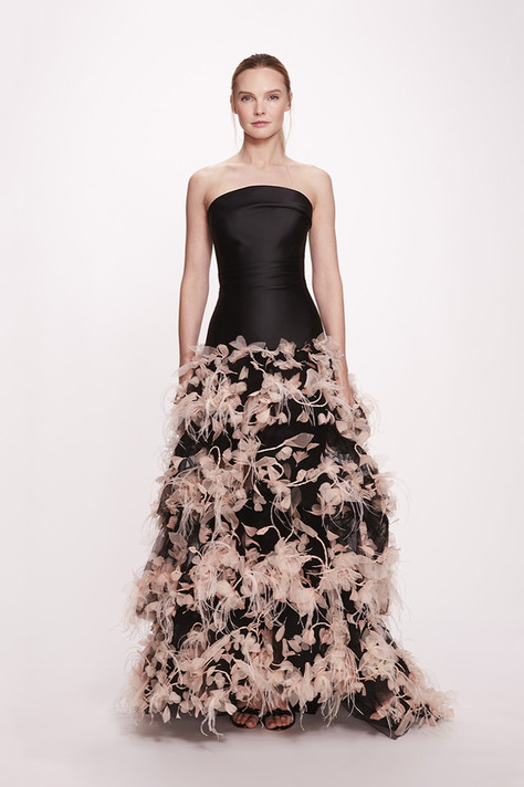 Strapless Feathered Satin Gown