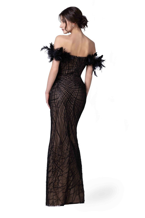 Feathered Off Shoulder Draped Gown
