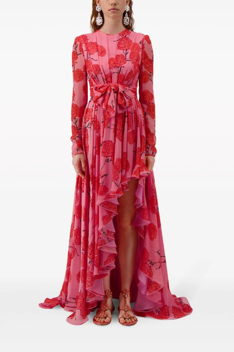 Printed Long-Sleeve Georgette Gown