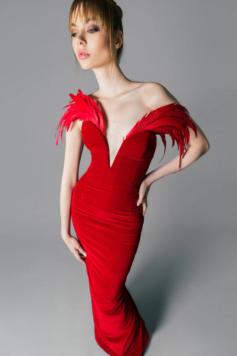 Strapless Gown with Feather  Detail