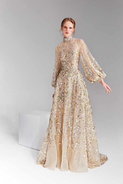 Puffy Sleeve Embroidered Gown