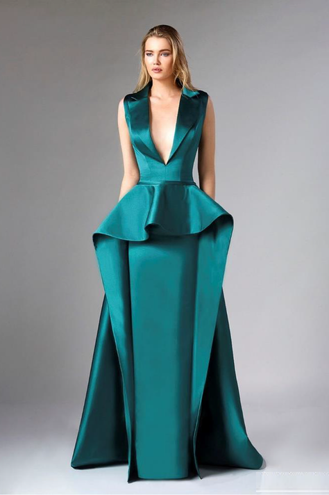 Green Sleeveless Satin Evening Gown