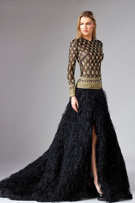 Black Long Sleeve Embroidered Evening Gown
