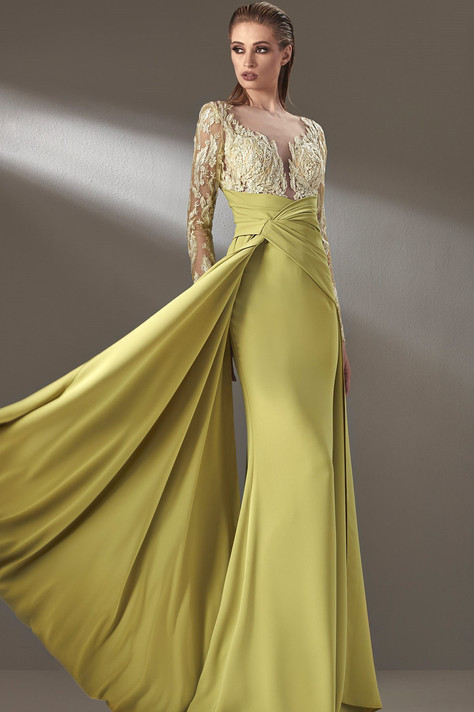 Long-Sleeve Draped Gown