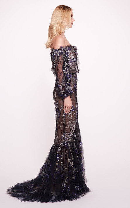 Long-Sleeve Embroidered Gown