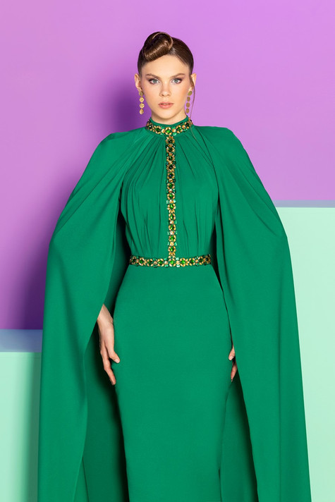 High Neck Column Gown with Cape