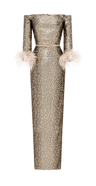 Sequined Fitted Dress With Feathered Cuff