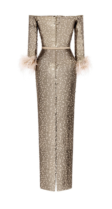 Sequined Fitted Dress With Feathered Cuff