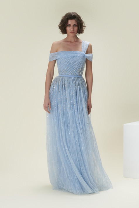 Embellished Tulle Asymmetrical Gown