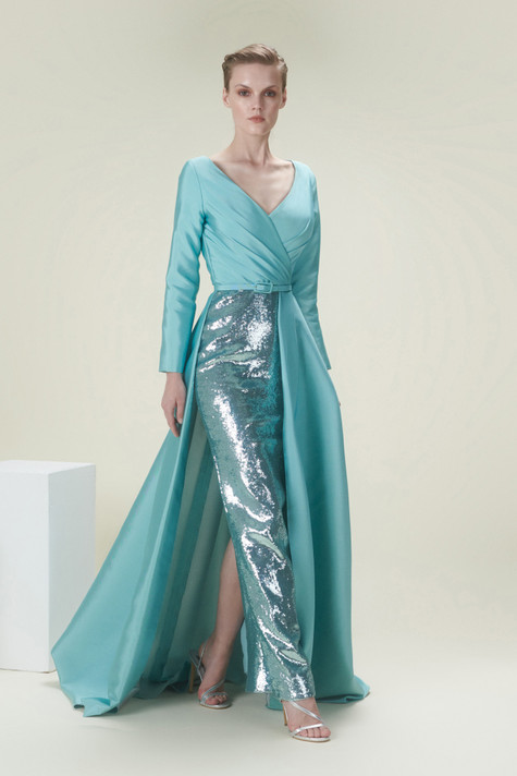 Structured V-Neck Sequined Gown
