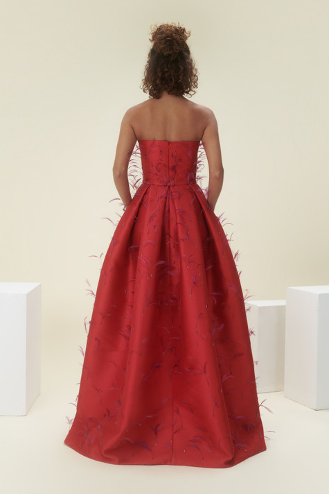 Strapless Satin and Feathers A-Line Gown