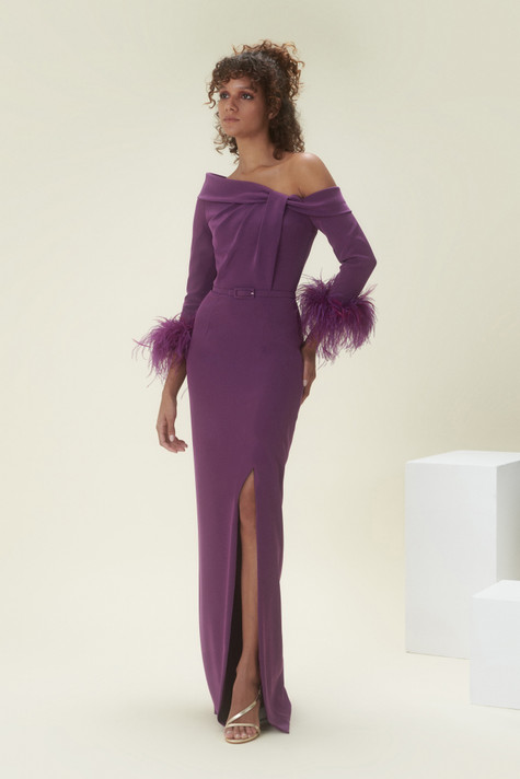 Asymmetrical Long Sleeves Gown with Feathered Cuff