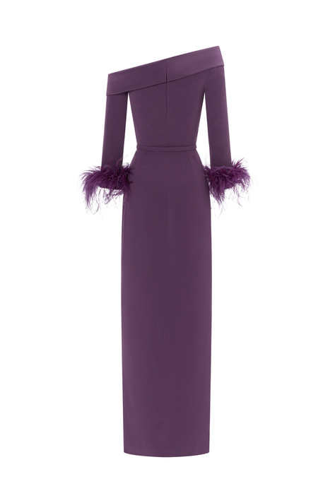 Asymmetrical Long Sleeves Gown with Feathered Cuff