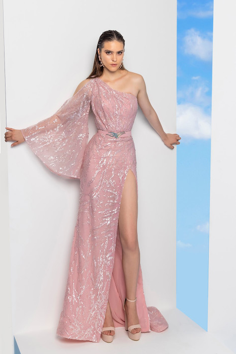 Fully Beaded One Sleeve Gown