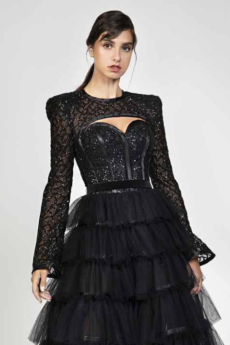Beaded Bodice Tiered Midi Dress