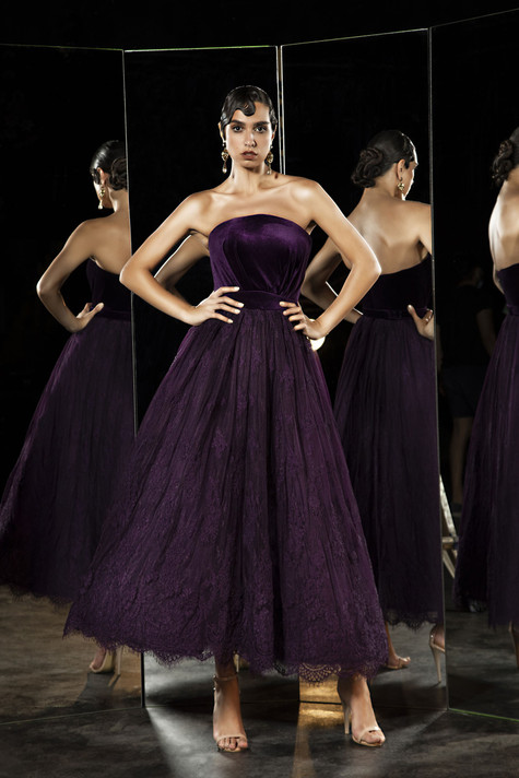 Strapless Velvet and Lace Midi Dress