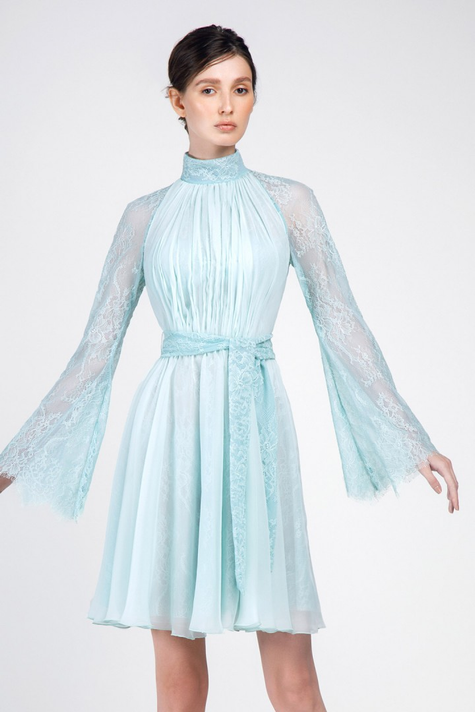 High Collar Chiffon and Lace Dress