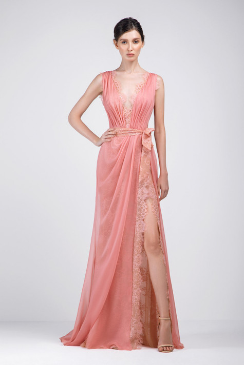 Chiffon and Lace Deep V-Neck Gown