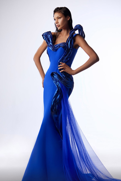 One Shoulder Sculpted Flared Gown