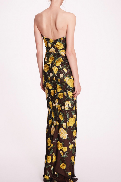 Strapless Embroidered Floral Gown