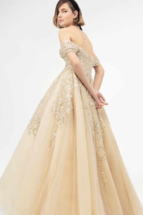 Banded Sleeve Off Shoulder Gown