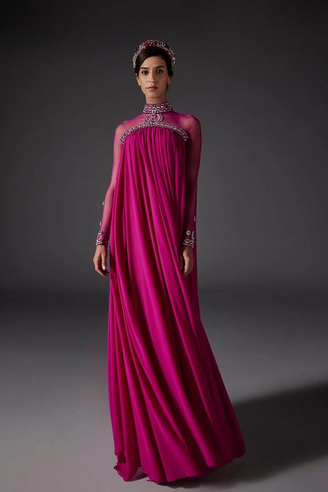 Long Sleeve Gown with Pleats and Embroidery