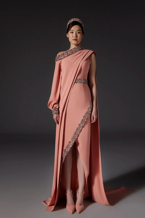 Embroidered Gown with One Sleeve Cape