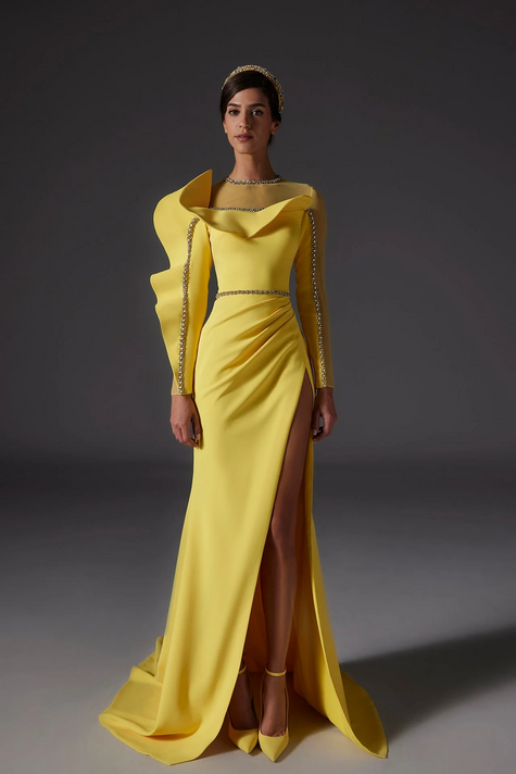 High Slit Gown with Pleats and Embroidery