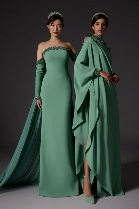 Off Sleeves Crepe Gown with Chiffon Pleats