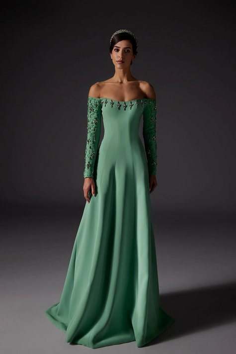 Off Shoulder Crepe Gown with Embroidery