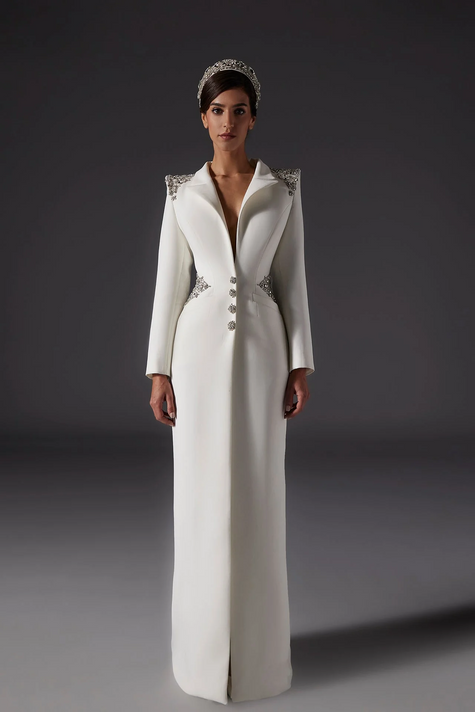 Long Sleeve Coat Gown with Beadings