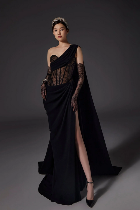 High Slit Lace and Crepe Gown