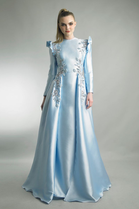 Long Sleeve A-Line Gown with Ruffled Shoulders