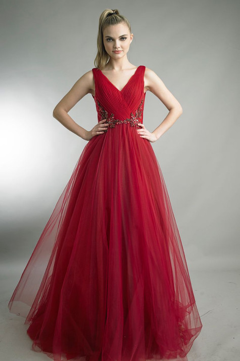 Pleated Sleeveless Gown with Embellishments