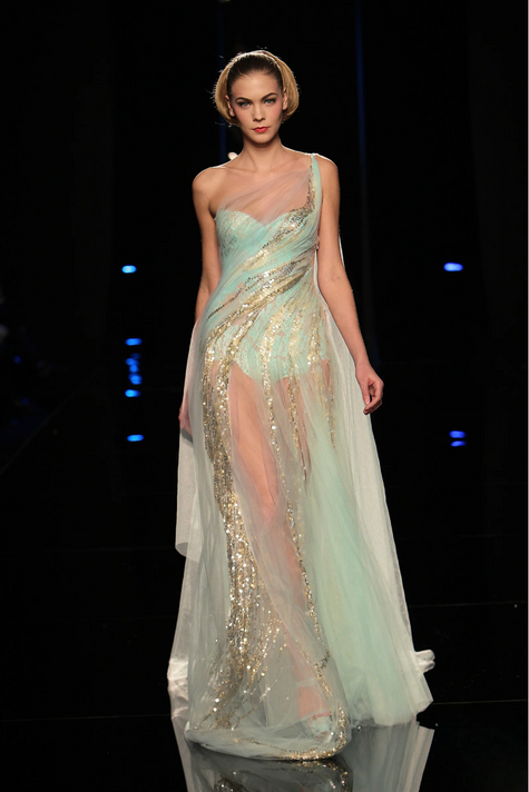 One Shoulder Semi-Sheer Embellished Gown