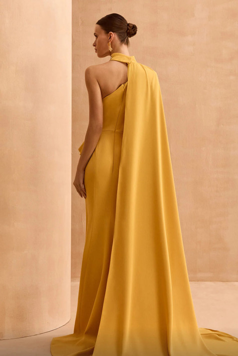 One Shoulder Cape Gown with Slit