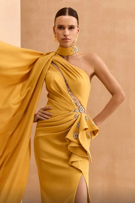 One Shoulder Cape Gown with Slit