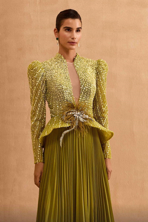 Long Sleeve Peplum Pleated Gown