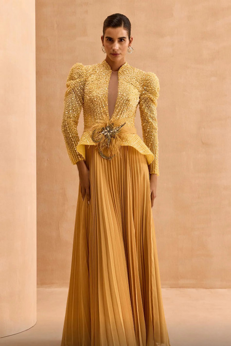 Long Sleeved Peplum Pleated Gown