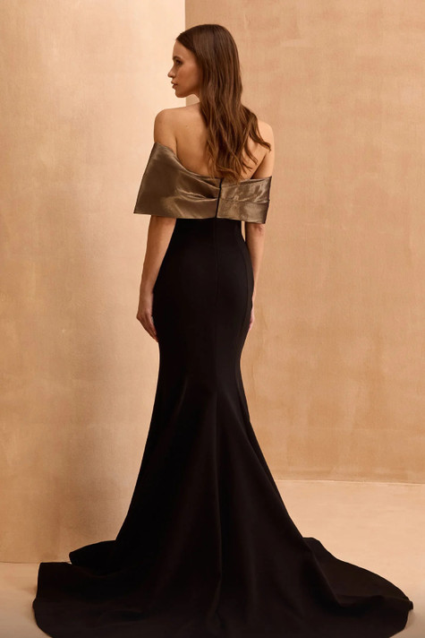 Draped Off Shoulder Flared Gown