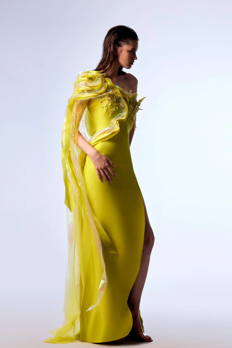 Detailed Draping One-Shoulder Gown