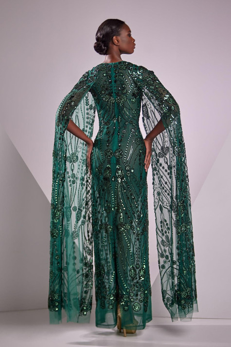 Cape Sleeve Gown with Handmade Embroidery