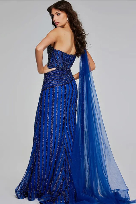 One Shoulder Slit Gown with Beaded Details