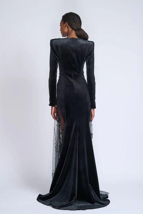 Embroidered Tulle Tailcoat Gown