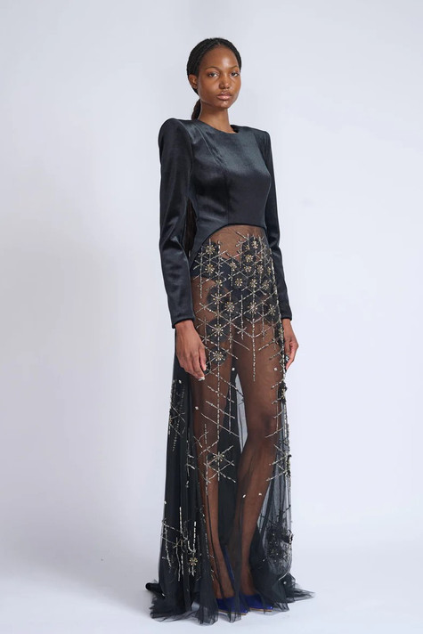 Embroidered Tulle Tailcoat Gown
