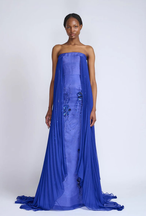 Yves Blue Organza and Chiffon Strapless Gown
