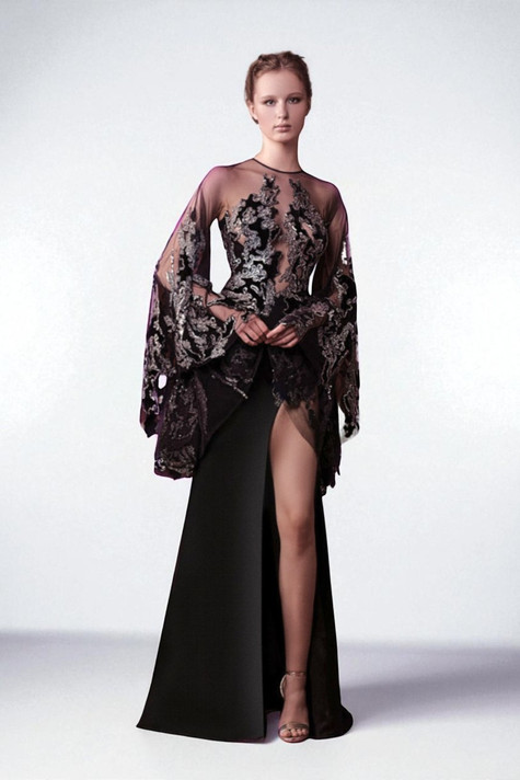Velvet and Crepe- Thigh-High Slit Gown