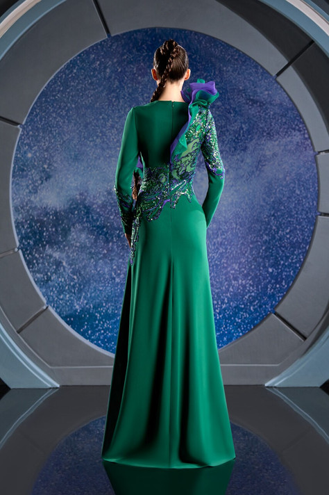 Long Sleeve Crepe Gown With Organza Ruffle