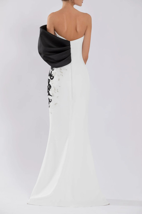 Crepe Gown with Mikado One Sided, Off-Shoulder Sleeve